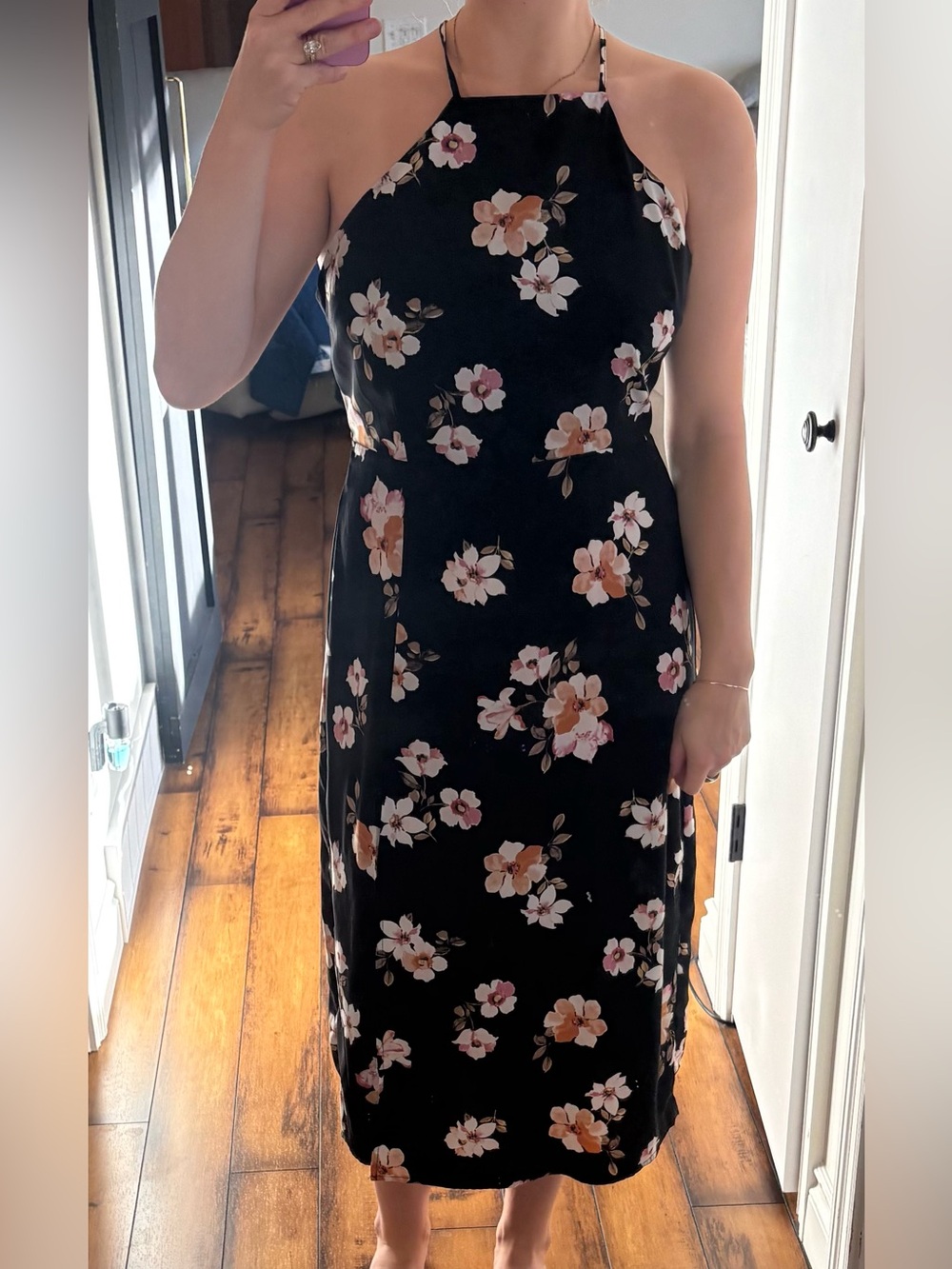 Dynamite Black Halter Midi Dress with Pink & Cream Floral Print